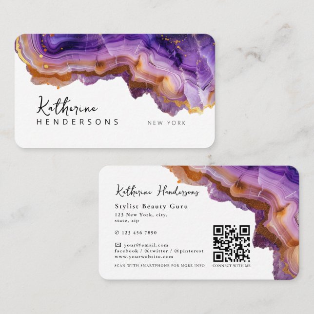 Cartão De Visita Modern Purple Agate & gold glitter marble QR Code (Frente/Verso)
