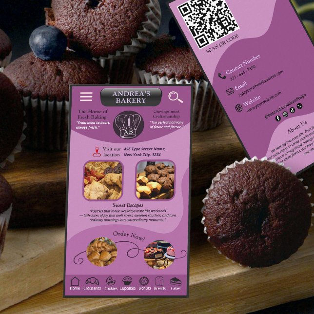 Cartão De Visita Modern Purple Bakery Branding Custom Logo QR Code (Criador carregado)
