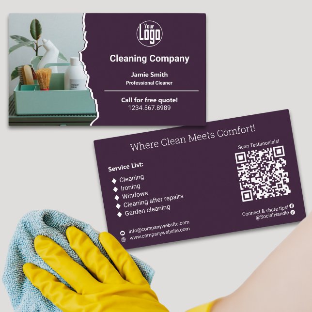 Cartão De Visita Modern Purple White Clearing Company (Modern Purple White Cleaning Company Business Card - Logo - Motto - List - QR code - Social Connect)