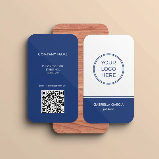 Cartão De Visita Modern QR Code Logo Blue Business Card (Card shown in 3.5 x 2 inches with round corners. )