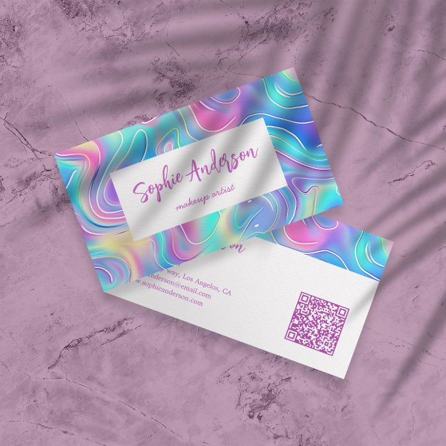 Cartão De Visita Modern Rainbow Holographic Makeup Artist & Qr Code (Criador carregado)