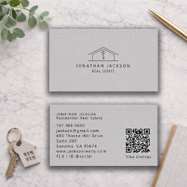 Cartão De Visita Modern Realtor Home Logo Gray Faux Linen