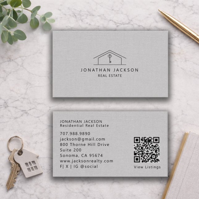 Cartão De Visita Modern Realtor Home Logo Gray Faux Linen (Criador carregado)