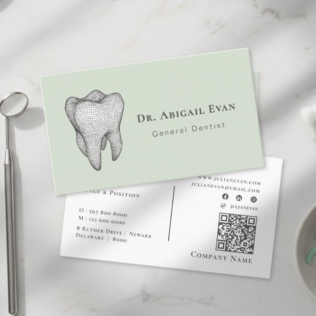 Cartão De Visita Modern Sage Green 3D Tooth Icon Dental Clinic (Modern Sage Green 3D Tooth Icon Dental Clinic Business Card)