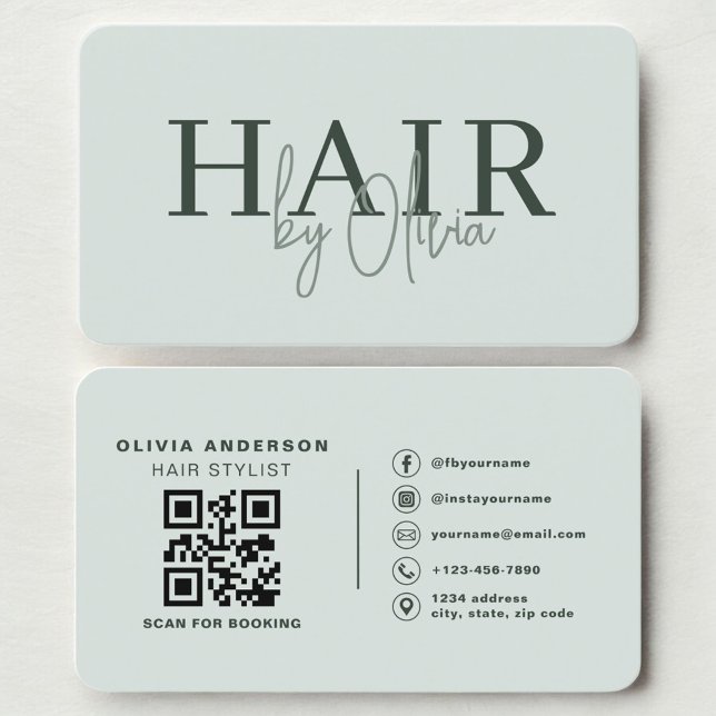 Cartão De Visita Modern Sage Green Salon Hairstylist QR Code (Criador carregado)