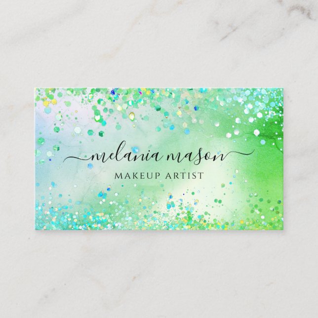Cartão De Visita Modern Sparkly Glitter Makeup Artist Green (Frente)