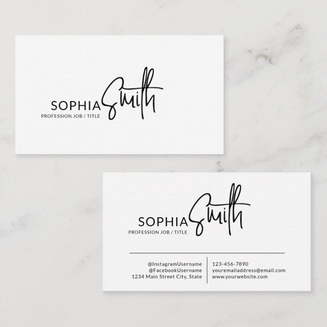 Cartão De Visita Modern Stylish Black & White Handwritten Script (Frente/Verso)
