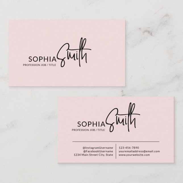 Cartão De Visita Modern Stylish Blush Pink Handwritten Script (Frente/Verso)