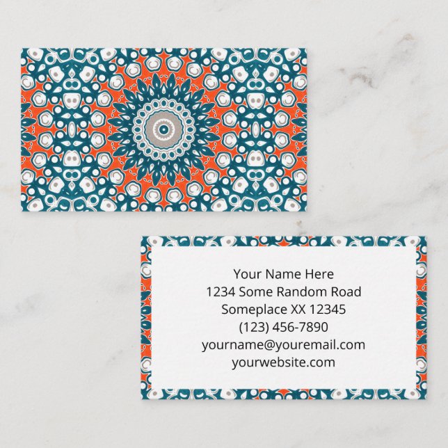 Cartão De Visita Modern Teal and Orange Mandala Pattern (Frente/Verso)