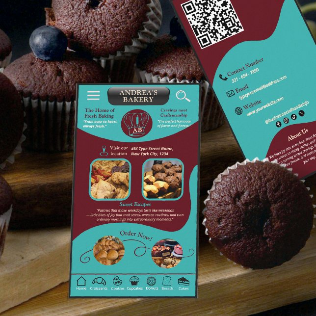 Cartão De Visita Modern Teal Burgundy Bakery Logo and QR Code   (Criador carregado)