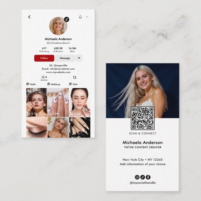 Cartão De Visita Modern TikTok Influencer QR Code & Socials (Frente/Verso)