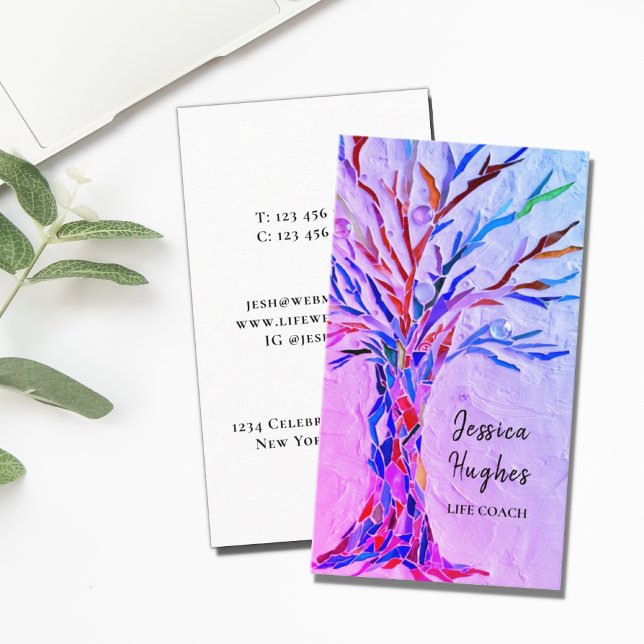 Cartão De Visita Modern Tree Life Coach Pink Purple Business Card (Criador carregado)