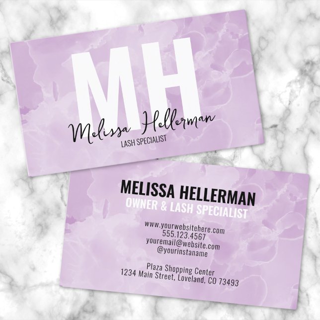Cartão De Visita Modern Watercolor Purple Monograma (Chic Modern Watercolor Purple Monogram Business Card)