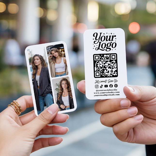 Cartão De Visita Modern White QR Code Social Media Icons Logo Photo (Modern White QR Code Social Media Icons Logo Photo)