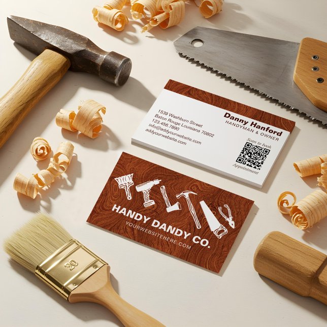 Cartão De Visita Modern Woodgrain Handyman Tools Contratante (Modern Woodgrain Handyman Tools Contractor Business Card)