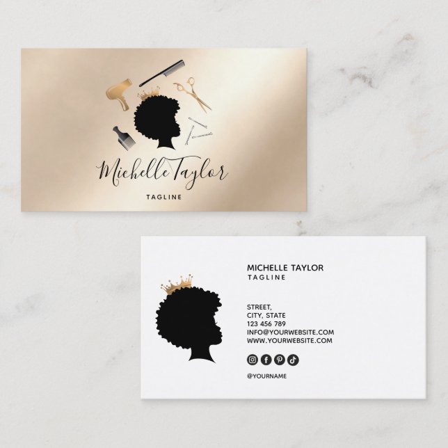 Cartão De Visita Moderna Elegante Hairstylist Mulher Afro-Americana (Frente/Verso)