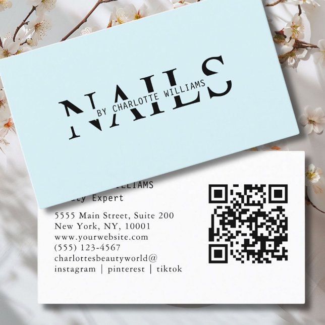 Cartão De Visita Moderno, Azul Claro, Código QR (Modern, Light-Blue, Salon, Beauty, QR Code Business Card.)