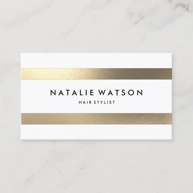 Cartão De Visita Moderno branco das listras Dourados ásperas (Frente)