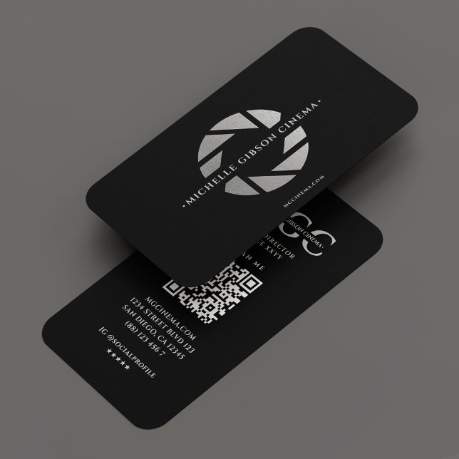 Cartão De Visita Moderno do Shutter Preto de Prata Negra do Casamen (Wedding Photographer Black Silver Shutter Modern Business Card
)