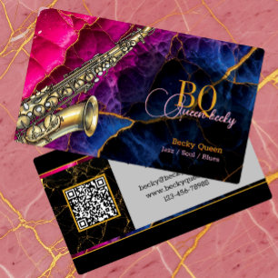 Cartão De Visita Moderno Dourado Saxofone Jazz & QR Code, Monograma