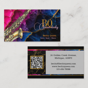 Cartão De Visita Moderno Dourado Saxofone Jazz & QR Code, Monograma
