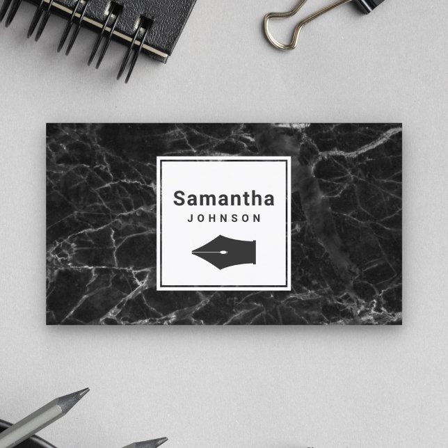 Cartão De Visita Moderno Elegante Black Marble Caneta Nib Professio (Criador carregado)
