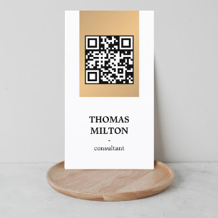 Cartão De Visita Moderno Elegante Código QR Branco Faixa Dourada Fa