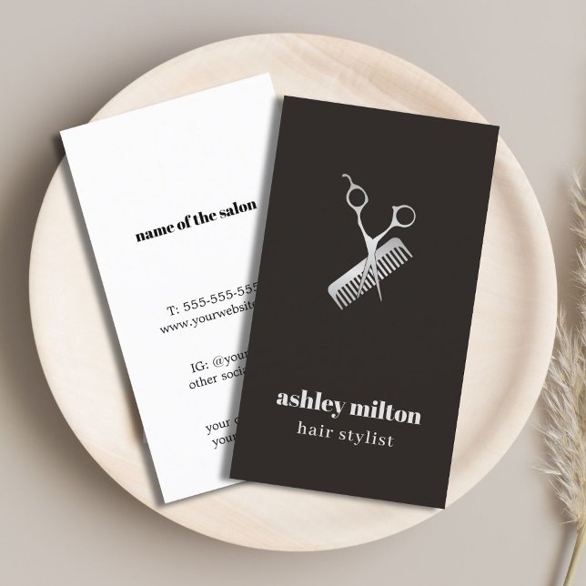 Cartão De Visita Moderno Elegante Dark Faux Silver Shissors Comb (Criador carregado)