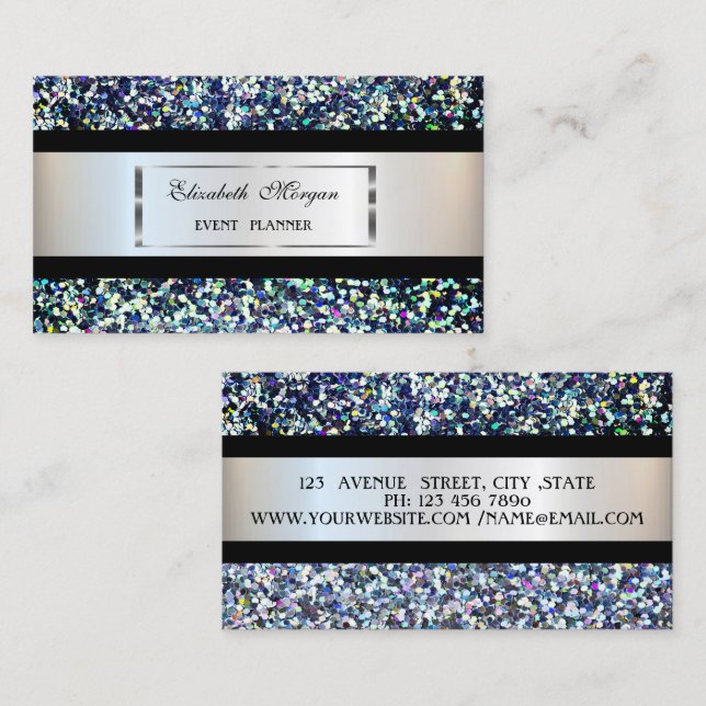 Cartão De Visita Moderno Elegante,Moldura Prateada,Faixa Preta,Sequ (Frente/Verso)