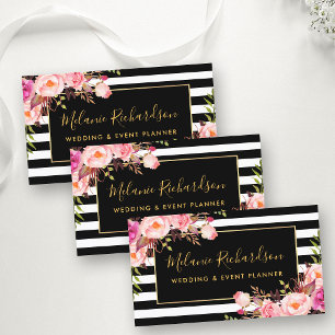 Cartão De Visita Moderno Elegante Preto Listrado Rosa Floral Dourad