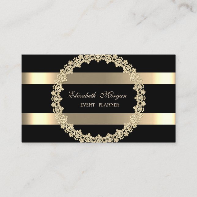 Cartão De Visita Moderno Elegante,Preto,Quadro Dourado Stripado (Frente)