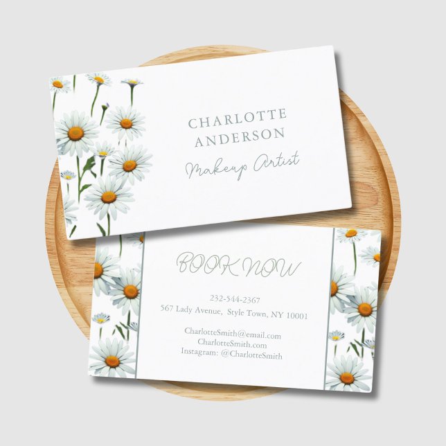 Cartão De Visita Moderno Elegante White Daisy Floral Trendy Busines (Modern daisy business card.)