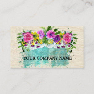Cartão De Visita Moderno Estiloso Floral Madeira Aquarela Turquesa