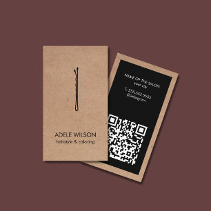 Cartão De Visita Moderno Faux Kraft Black QR Code Hair Pin Salon