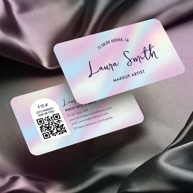 Cartão De Visita Moderno Holográfico QR Code Makeup Lash Salon Spa (Trendy QR code business cards with holographic effect background and trendy fonts)