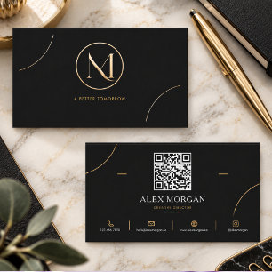 Cartão De Visita Moderno Logotipo Circular Preto Dourado Empresaria