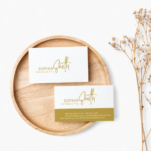 Cartão De Visita Moderno Minimalista Bege Dourado Script Elegante