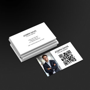 Cartão De Visita Moderno Minimalista Profissional QR Preto e Branco