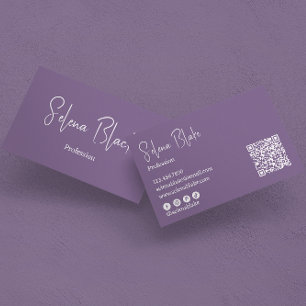 Cartão De Visita Moderno Minimalista   Roxo Elegante e código QR