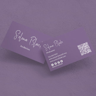 Cartão De Visita Moderno Minimalista | Roxo Elegante e código QR