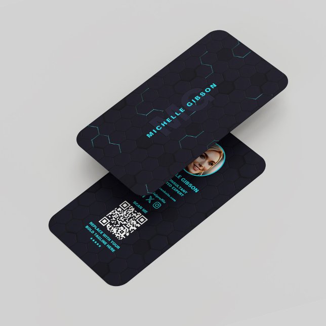 Cartão De Visita Moderno Monograma Profissional Técnico Dark Neon B (Modern Monogram Professional Tech Dark Neon Blue Business Card
)