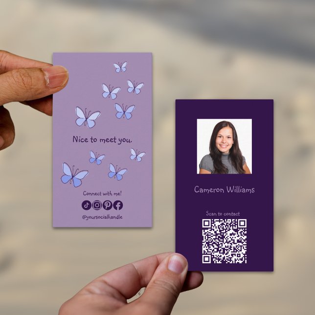 Cartão De Visita Moderno Prazer Em Conhecê-Lo Código QR Roxo Social (Modern Nice To Meet You Purple QR Code Social Business Card)