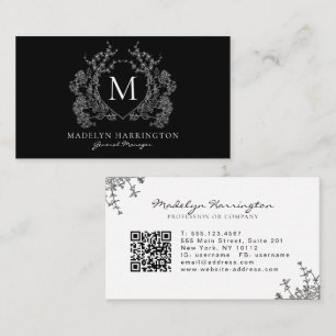 Cartão De Visita Moderno Preto Branco Floral Crest Monograma QR Cód