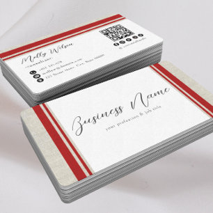 Cartão De Visita Moderno Retro Faux Linen QR Code Mídia Social