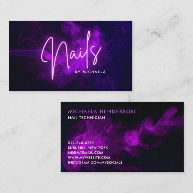 Cartão De Visita Moderno Roxo Neon & Smoke Nail Technician (Frente/Verso)