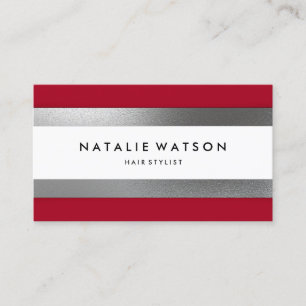 Cartão De Visita Moderno vermelho das listras de prata ásperas
