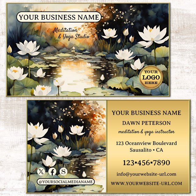 Cartão De Visita Mola Artística Lotus Meditation Yoga (Meditation yoga business card featuring watercolor lotus flowers with gold - logo - social media)