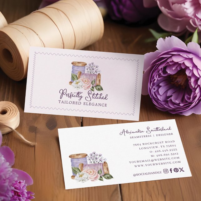 Cartão De Visita Molas De Madeira Para Costura Floral De Mola Aquos (Watercolor Floral Sewing Wooden Spools Tailor Business Card)