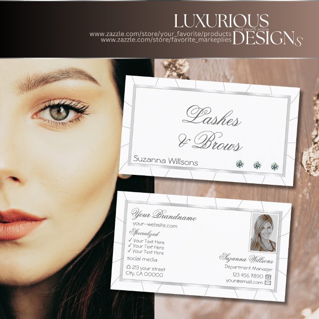 Cartão De Visita Moldura Chic White e Silver com Diamantes e Foto (Criador carregado)