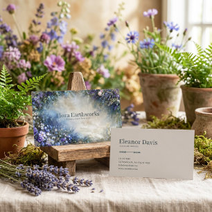 Cartão De Visita Moldura Dourada com Borda Floral Azul e Roxa Etére